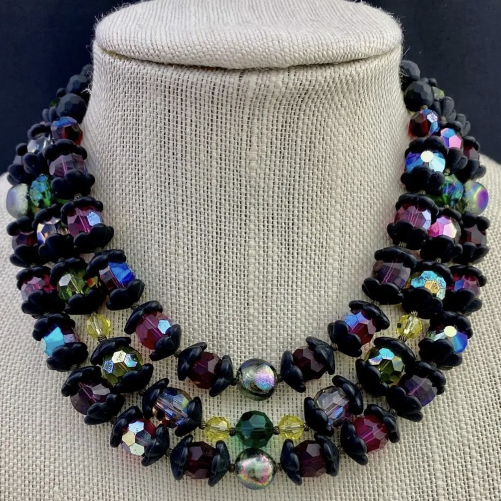 Stunning Vtg Vendom Heavy Multicolor Glass & Crystal Beads Triple Strand Necklac